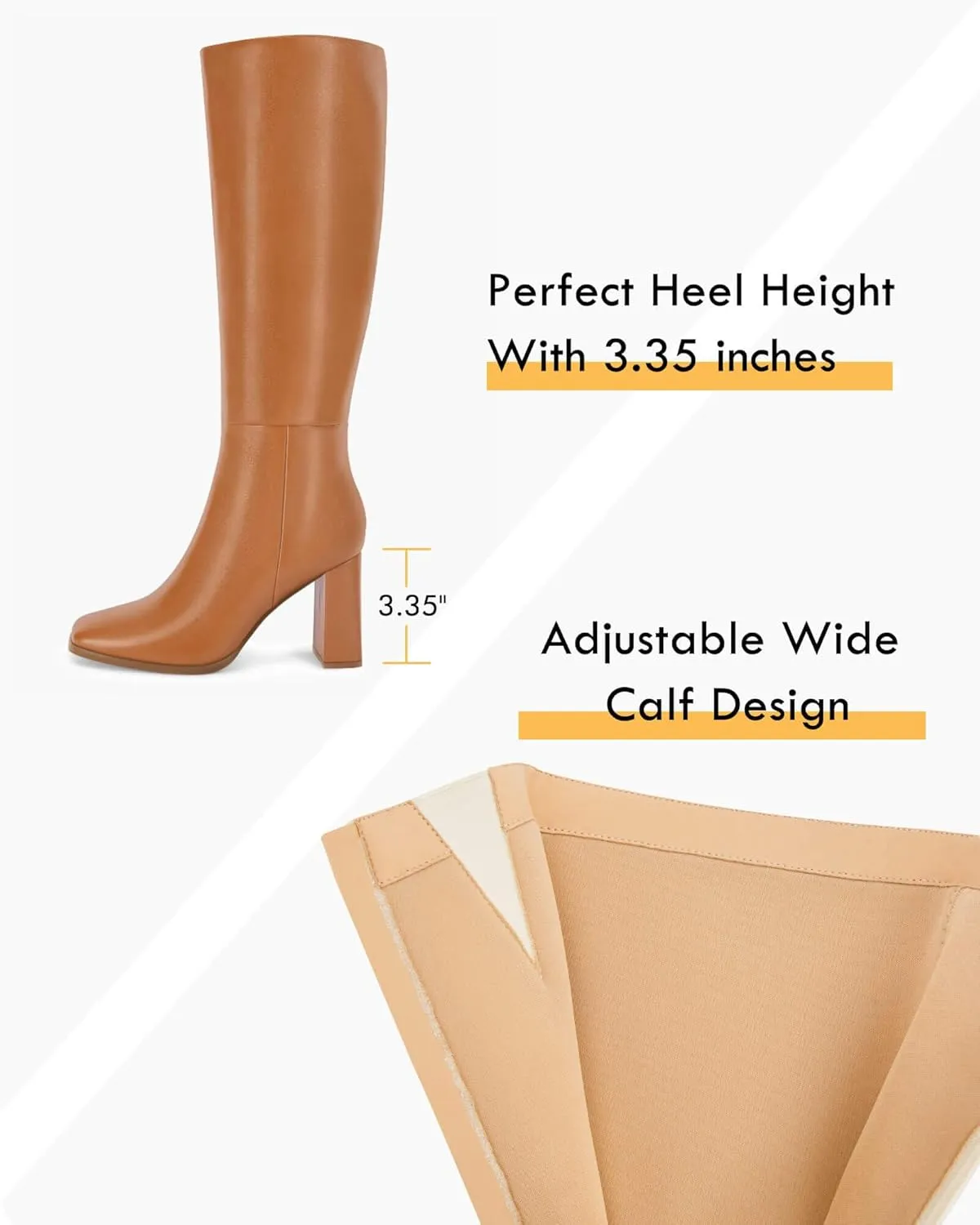 Coutgo Womens Wide Calf Knee High Boots Chunky High Heel Square Toe Fashion Leather Shoes with Side Zipper
