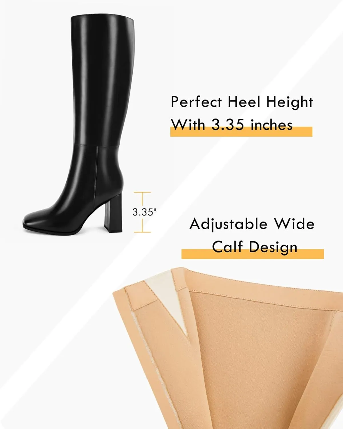 Coutgo Womens Wide Calf Knee High Boots Chunky High Heel Square Toe Fashion Leather Shoes with Side Zipper