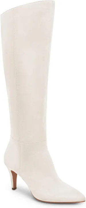 Coutgo Womens Wide Calf Knee High Boots Stiletto High Heel Pointed Toe Side Zipper Suede Long Boots Winter Shoes