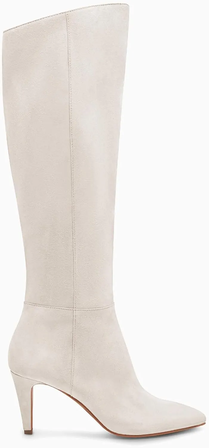 Coutgo Womens Wide Calf Knee High Boots Stiletto High Heel Pointed Toe Side Zipper Suede Long Boots Winter Shoes