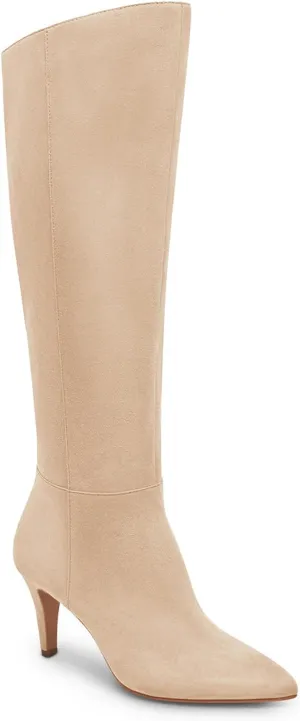 Coutgo Womens Wide Calf Knee High Boots Stiletto High Heel Pointed Toe Side Zipper Suede Long Boots Winter Shoes