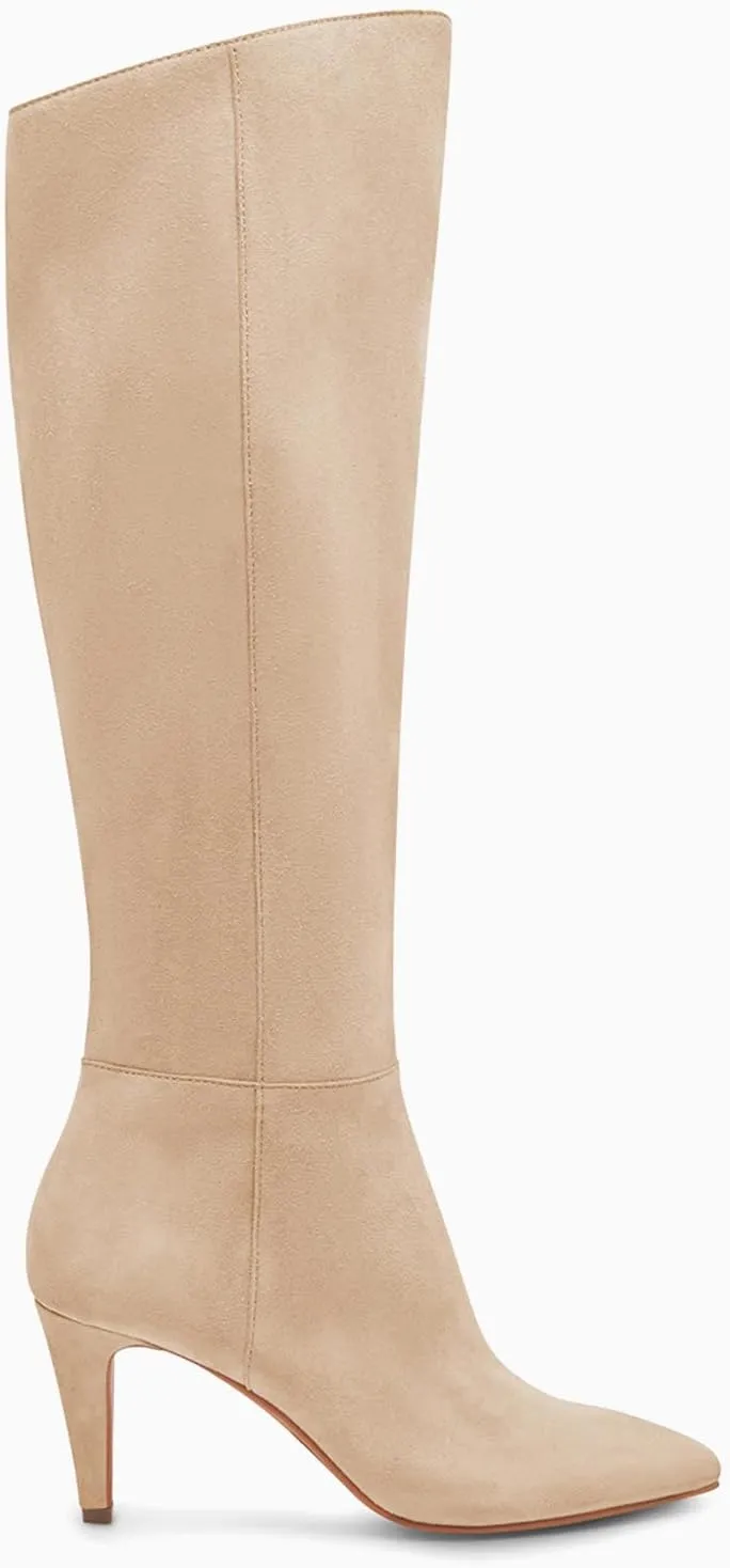 Coutgo Womens Wide Calf Knee High Boots Stiletto High Heel Pointed Toe Side Zipper Suede Long Boots Winter Shoes
