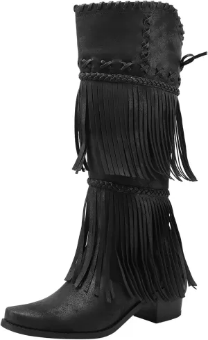 Cowboy Boots for Women Brown Knee High Boots Women Low Heel Cowboy Boots Fringe Braid Chunky Heel Thigh High Boots