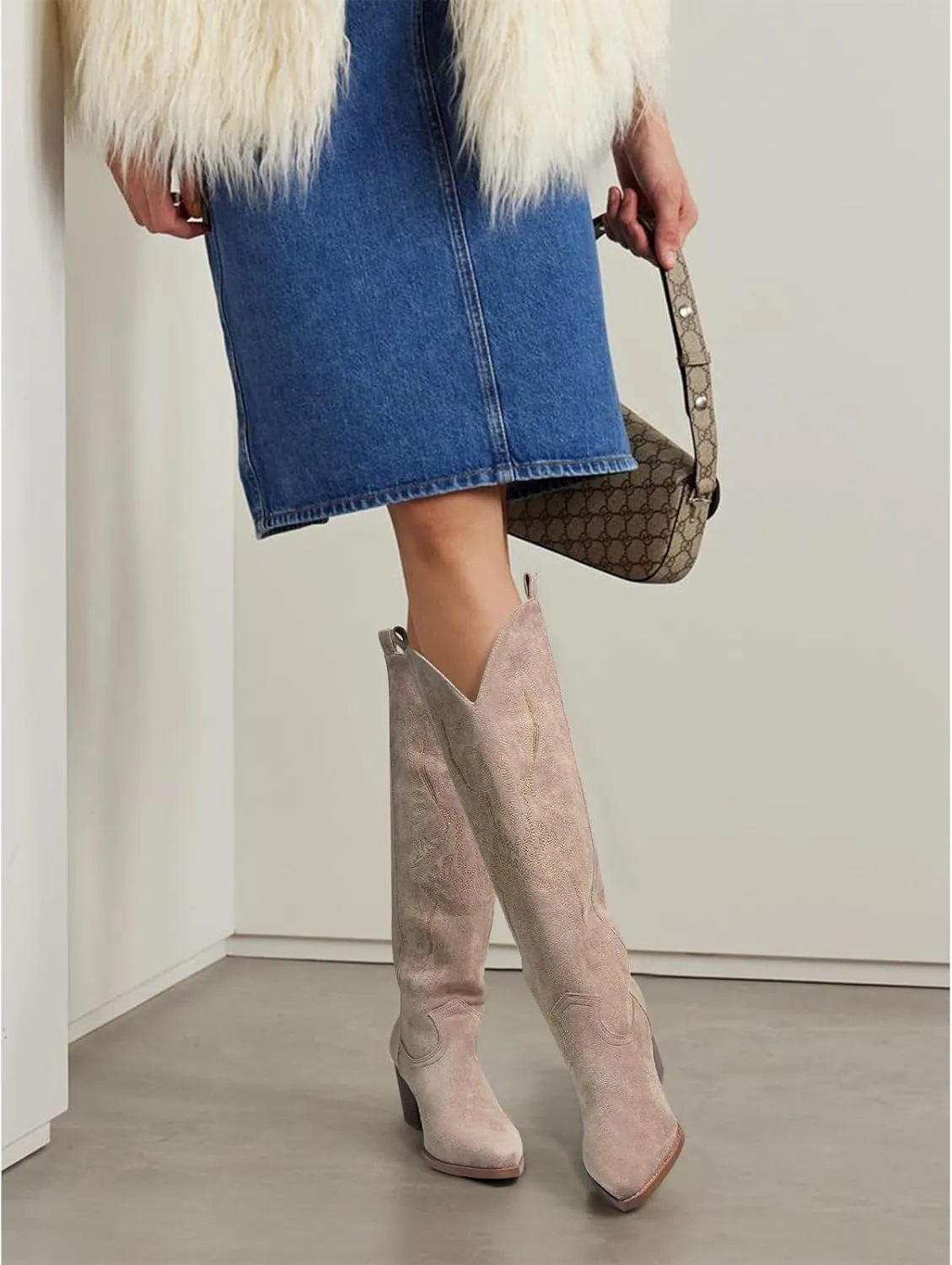 Cowboy Boots for Women Knee High Boots Pointy Toe Suede Boots with Embroidered Chunky Heel Western Cowgirl Boots