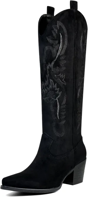 Cowboy Boots for Women Knee High Boots Pointy Toe Suede Boots with Embroidered Chunky Heel Western Cowgirl Boots