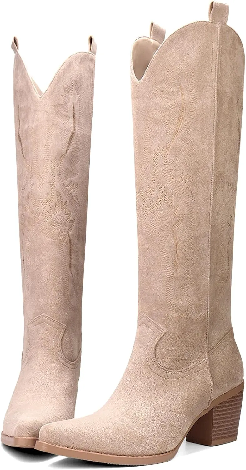 Cowboy Boots for Women Knee High Boots Pointy Toe Suede Boots with Embroidered Chunky Heel Western Cowgirl Boots