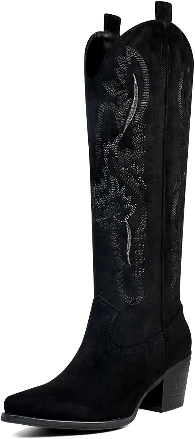 Cowboy Boots for Women Knee High Boots Pointy Toe Suede Boots with Embroidered Chunky Heel Western Cowgirl Boots