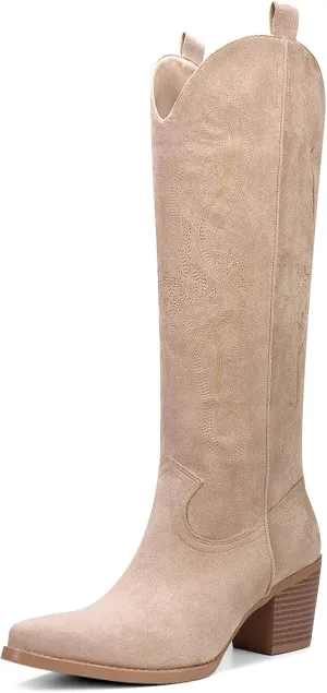 Cowboy Boots for Women Knee High Boots Pointy Toe Suede Boots with Embroidered Chunky Heel Western Cowgirl Boots