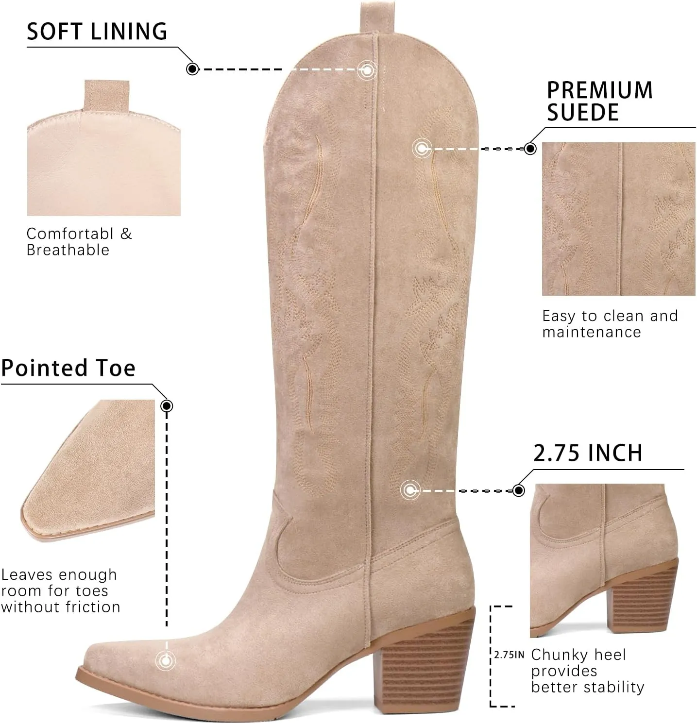 Cowboy Boots for Women Knee High Boots Pointy Toe Suede Boots with Embroidered Chunky Heel Western Cowgirl Boots