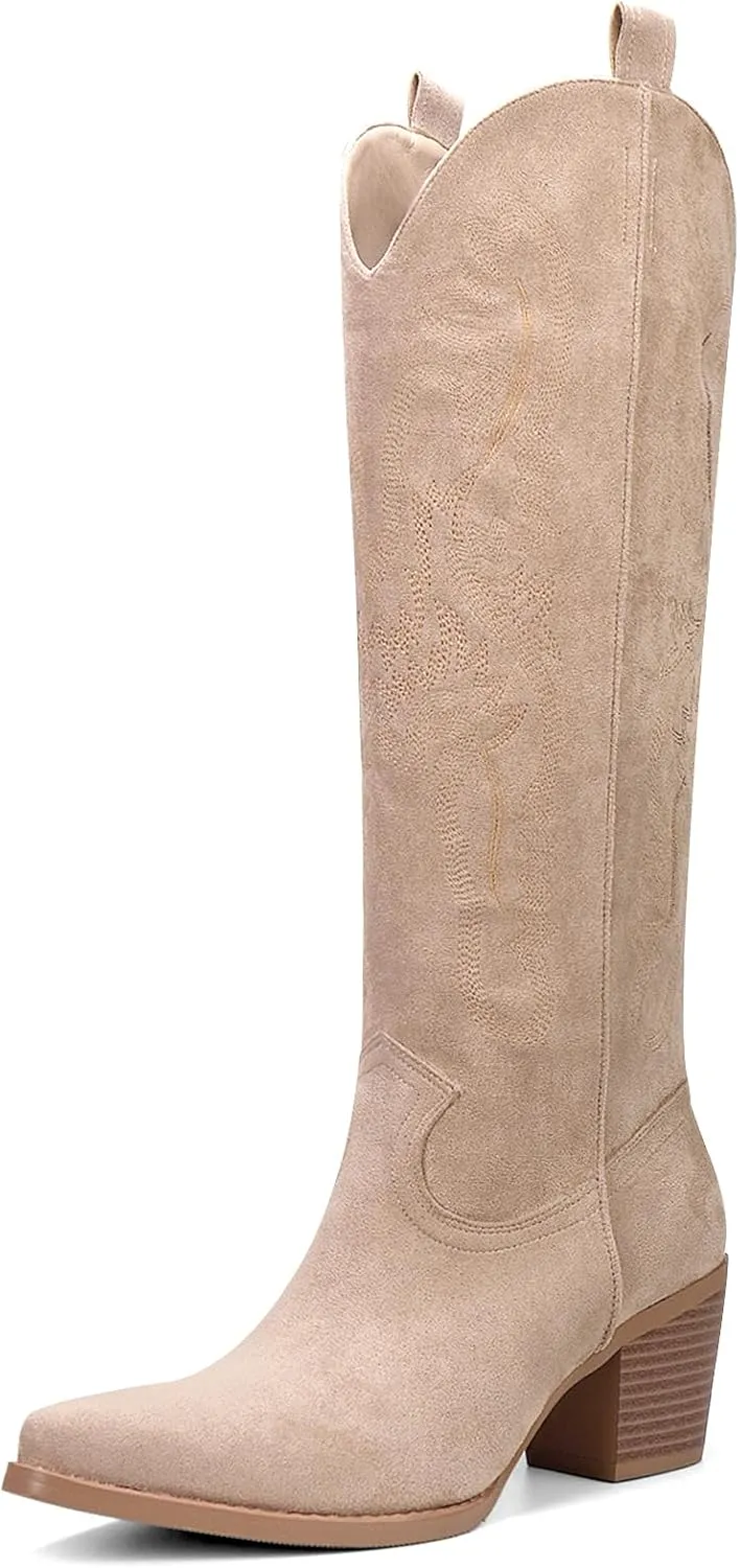 Cowboy Boots for Women Knee High Boots Pointy Toe Suede Boots with Embroidered Chunky Heel Western Cowgirl Boots
