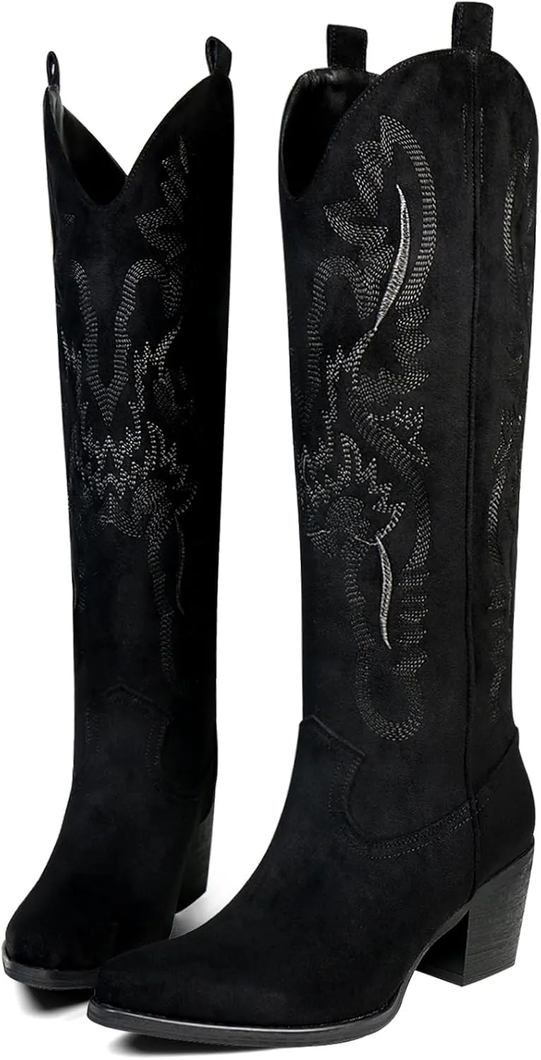 Cowboy Boots for Women Knee High Boots Pointy Toe Suede Boots with Embroidered Chunky Heel Western Cowgirl Boots