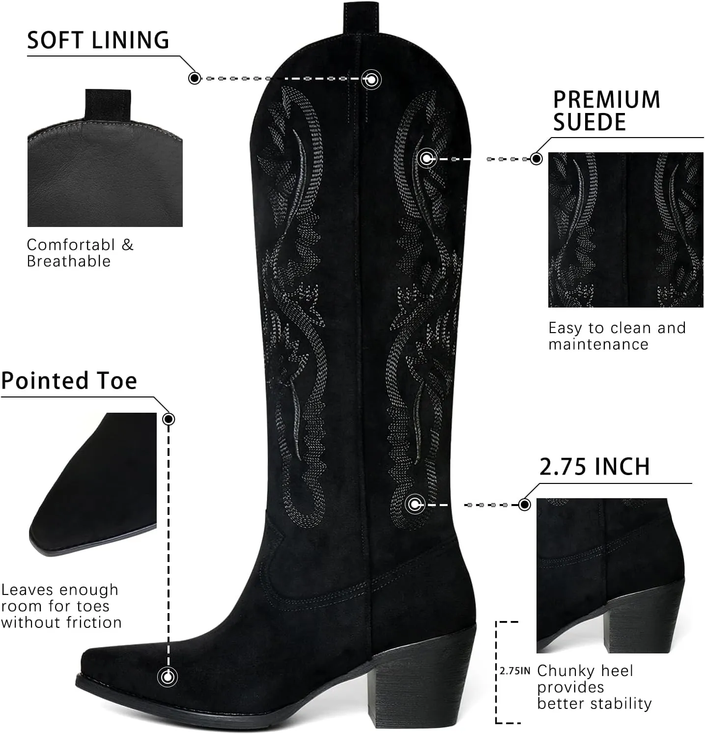 Cowboy Boots for Women Knee High Boots Pointy Toe Suede Boots with Embroidered Chunky Heel Western Cowgirl Boots