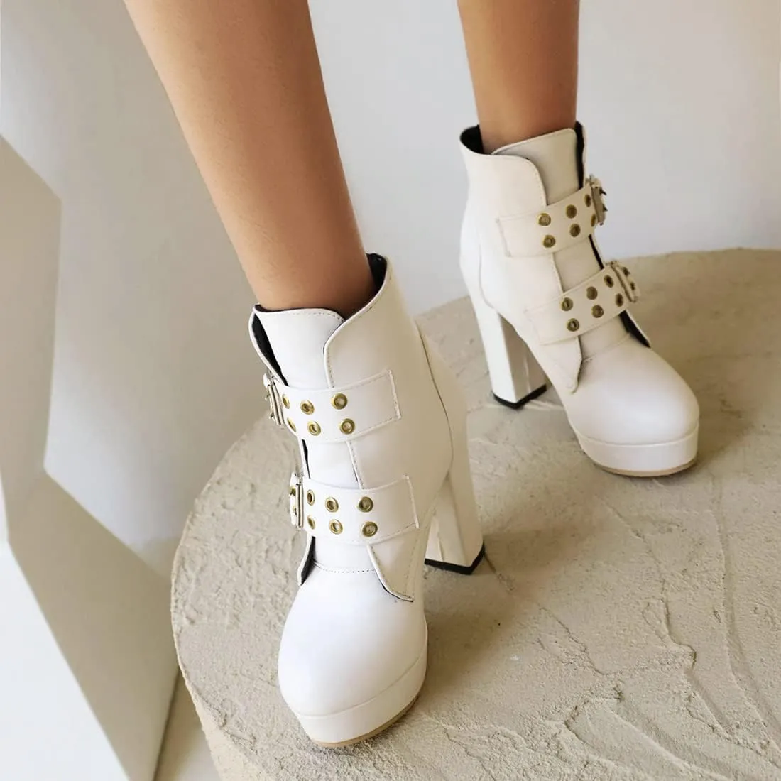 Cozivwaiy Women High Heel Ankle Boots Round Toe Short Boots Platform Plus size (US 1-12.5)