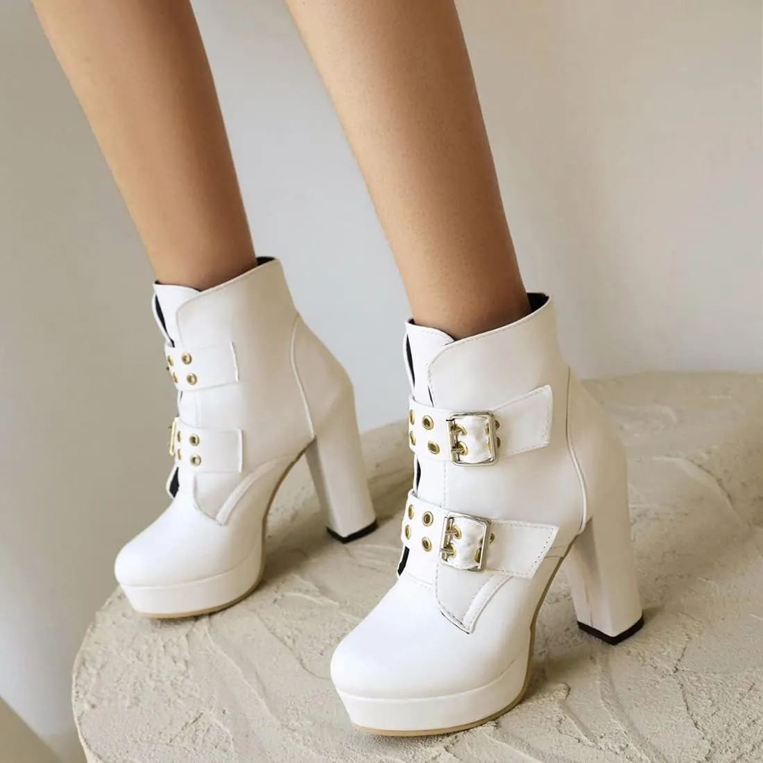 Cozivwaiy Women High Heel Ankle Boots Round Toe Short Boots Platform Plus size (US 1-12.5)