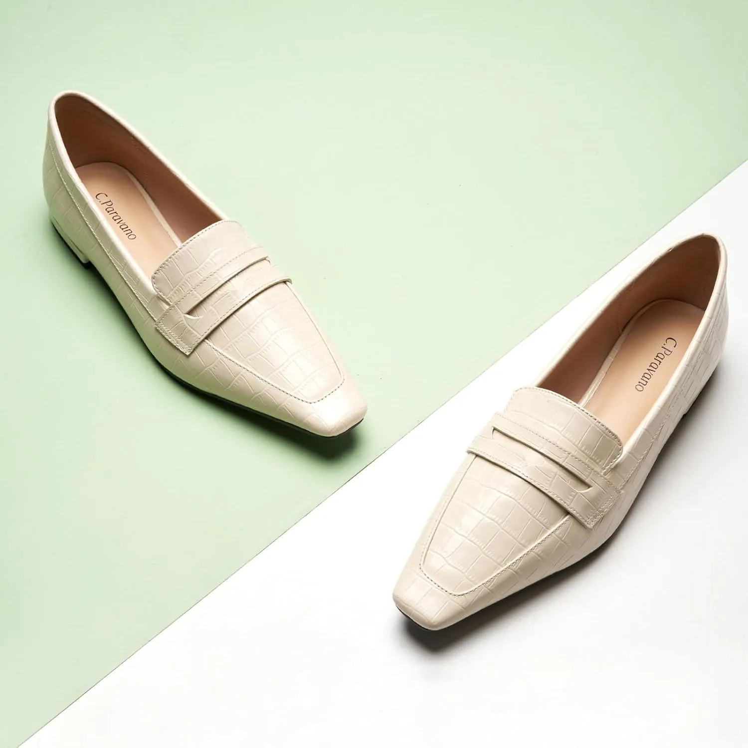 C.Paravano Penny Loafers for Women Formal Dress Square Toe Flats Slip on Loafer Shoes Comfort Loafer for Business Casual Wear