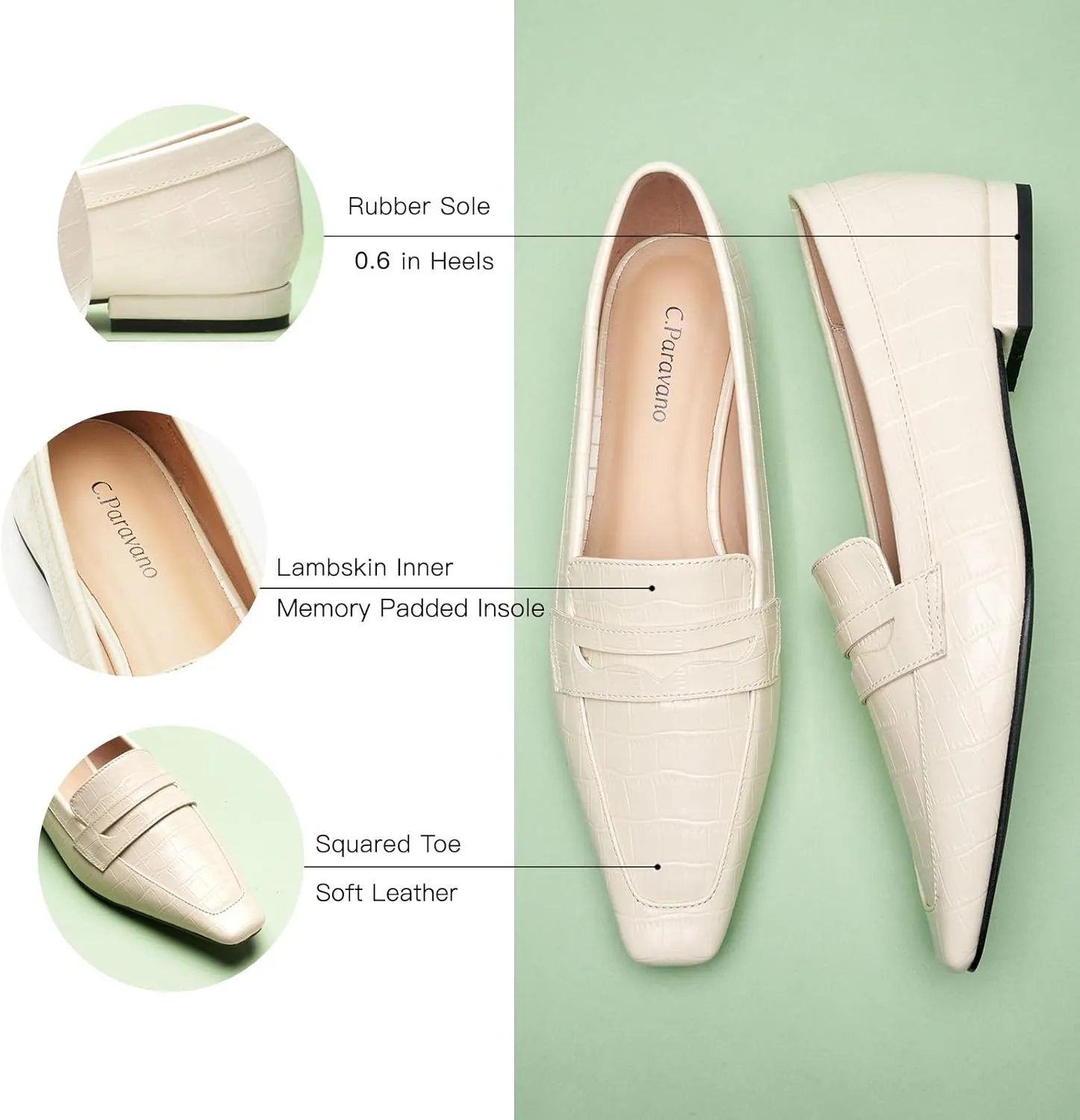 C.Paravano Penny Loafers for Women Formal Dress Square Toe Flats Slip on Loafer Shoes Comfort Loafer for Business Casual Wear