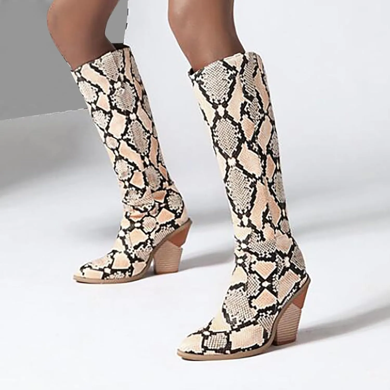 Crzidha Chunky Heel Knee High Boots for Women,Sexy Pointed Toe Snakeskin Print Fashion Stacked High Heel Knee High Boots for Women Dressy Winter Fall Fashion Cocktail Club Party