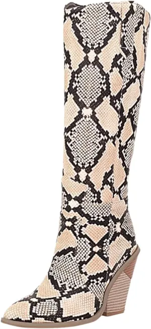 Crzidha Chunky Heel Knee High Boots for Women,Sexy Pointed Toe Snakeskin Print Fashion Stacked High Heel Knee High Boots for Women Dressy Winter Fall Fashion Cocktail Club Party