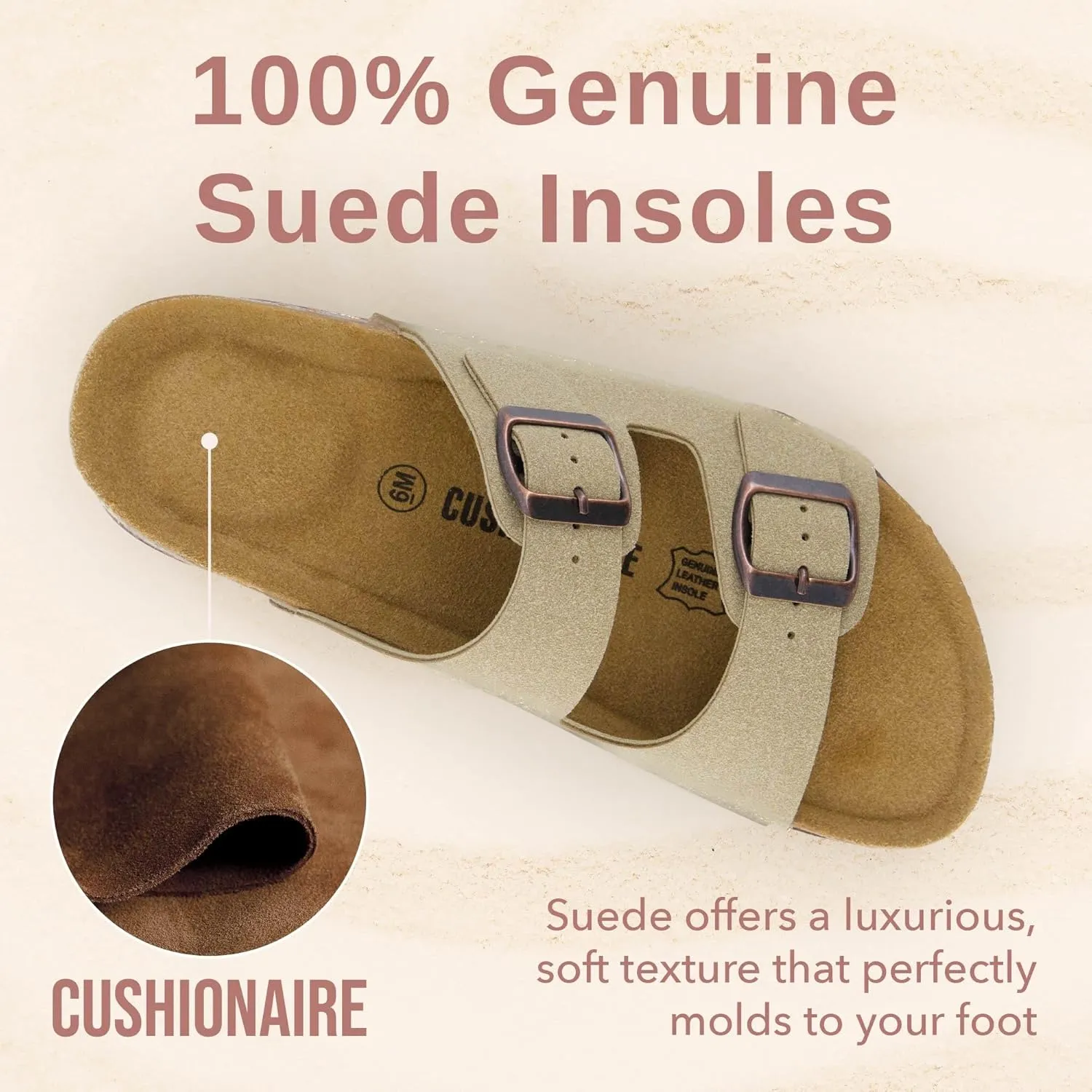 CUSHIONAIRE Lane Cork Footbed Sandals for Women – Comfortable Double Buckle Slip-On with Genuine Suede Footbed & Arch Support Slides for Women Footwear