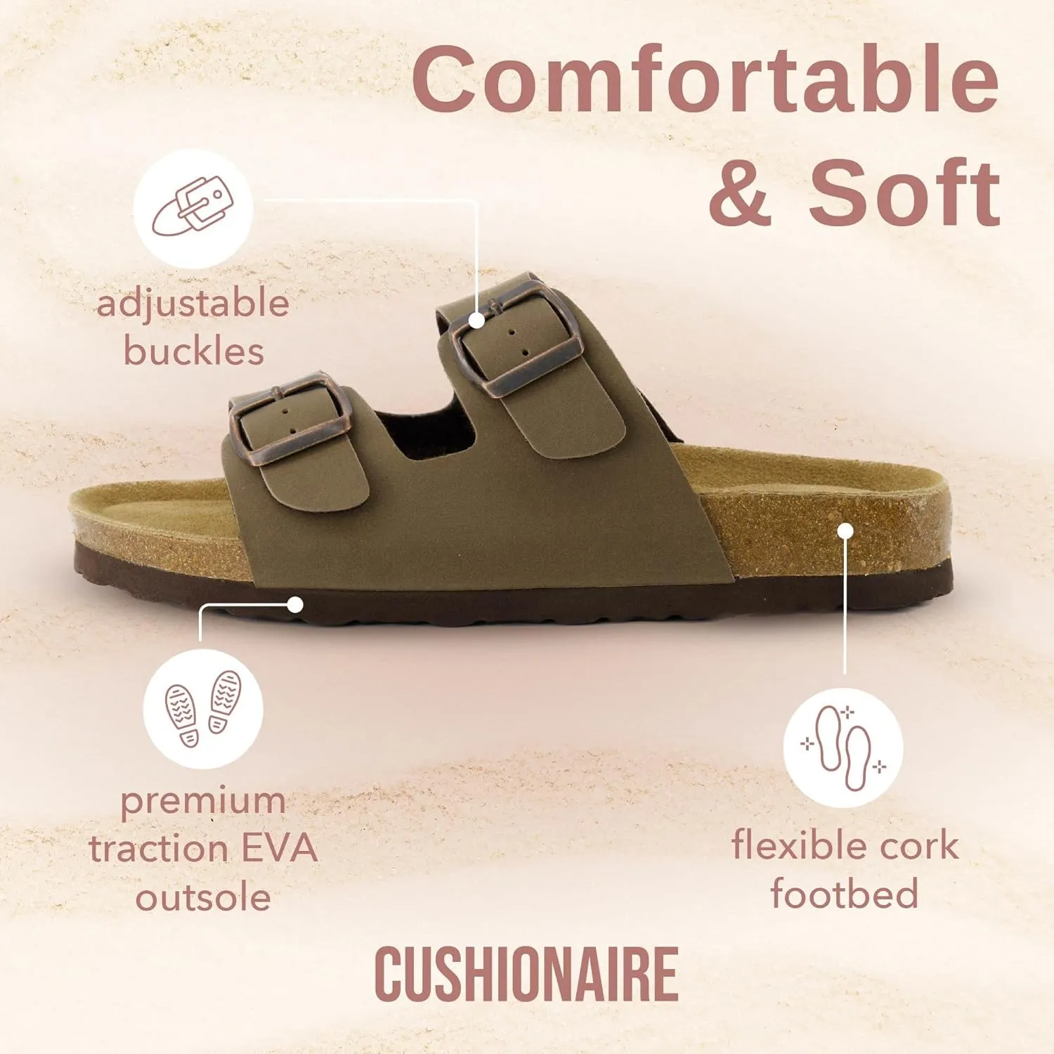 CUSHIONAIRE Lane Cork Footbed Sandals for Women – Comfortable Double Buckle Slip-On with Genuine Suede Footbed & Arch Support Slides for Women Footwear