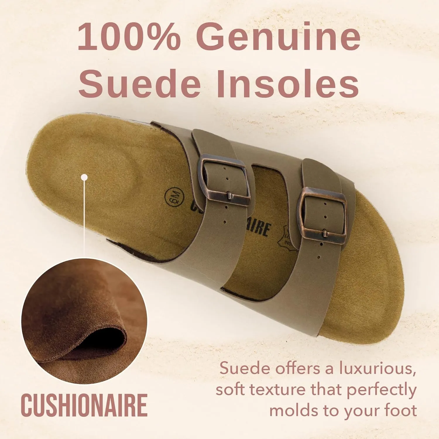CUSHIONAIRE Lane Cork Footbed Sandals for Women – Comfortable Double Buckle Slip-On with Genuine Suede Footbed & Arch Support Slides for Women Footwear