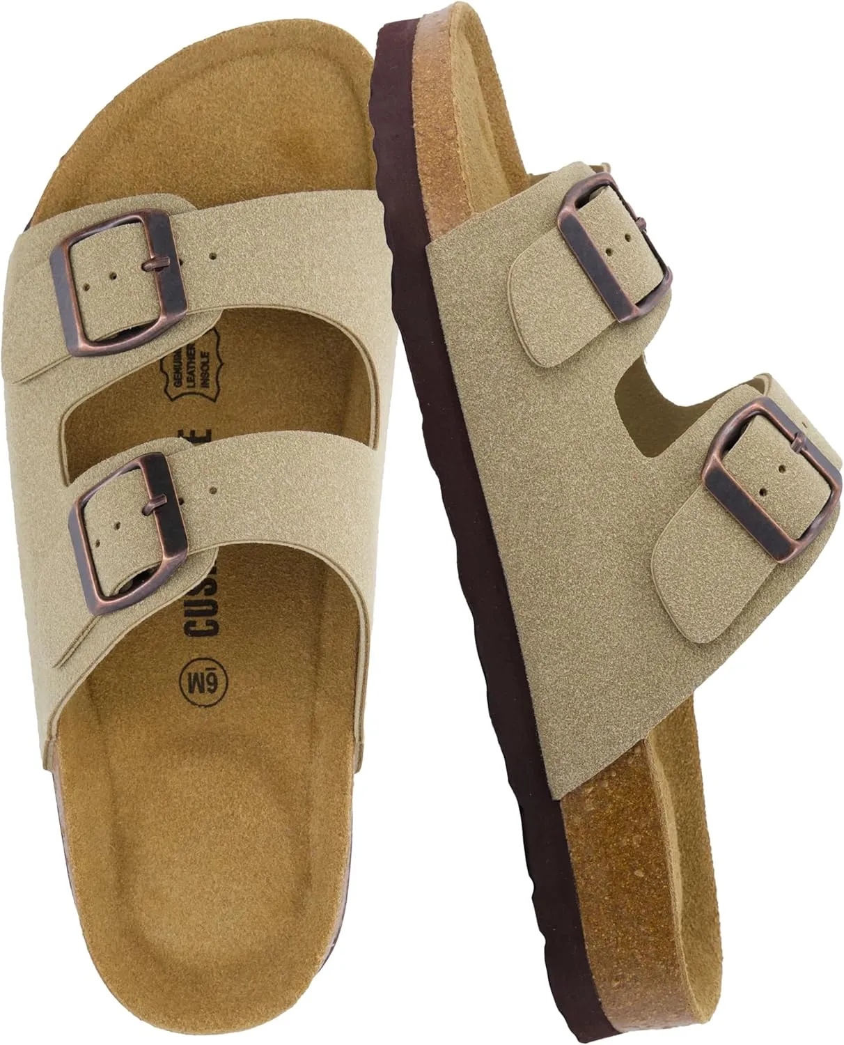 CUSHIONAIRE Lane Cork Footbed Sandals for Women – Comfortable Double Buckle Slip-On with Genuine Suede Footbed & Arch Support Slides for Women Footwear