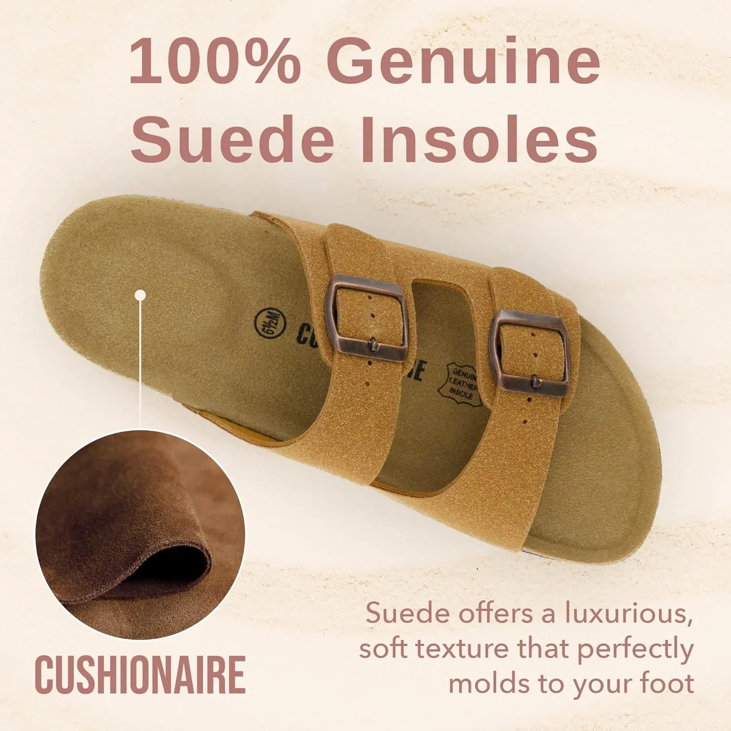 CUSHIONAIRE Lane Cork Footbed Sandals for Women – Comfortable Double Buckle Slip-On with Genuine Suede Footbed & Arch Support Slides for Women Footwear
