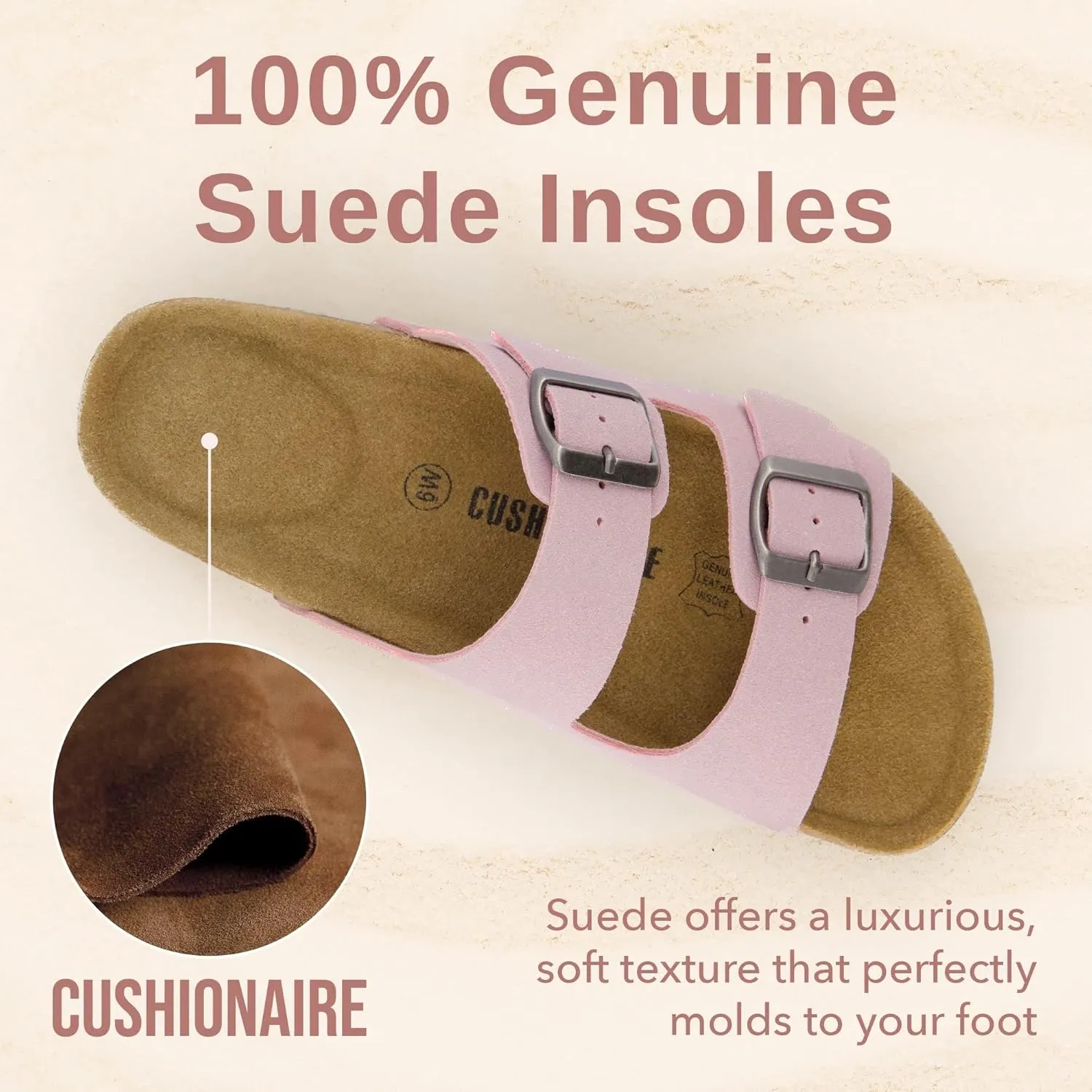 CUSHIONAIRE Lane Cork Footbed Sandals for Women – Comfortable Double Buckle Slip-On with Genuine Suede Footbed & Arch Support Slides for Women Footwear