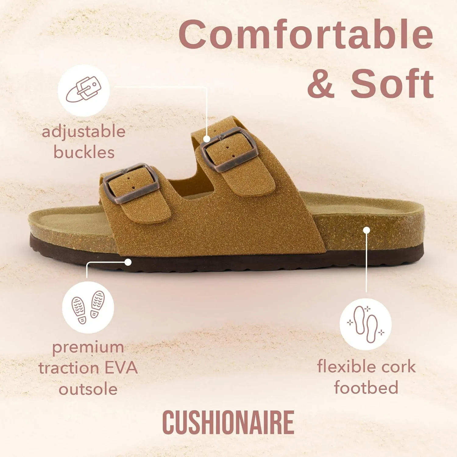 CUSHIONAIRE Lane Cork Footbed Sandals for Women – Comfortable Double Buckle Slip-On with Genuine Suede Footbed & Arch Support Slides for Women Footwear
