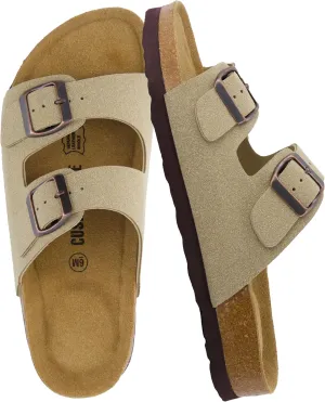 CUSHIONAIRE Lane Cork Footbed Sandals for Women – Comfortable Double Buckle Slip-On with Genuine Suede Footbed & Arch Support Slides for Women Footwear