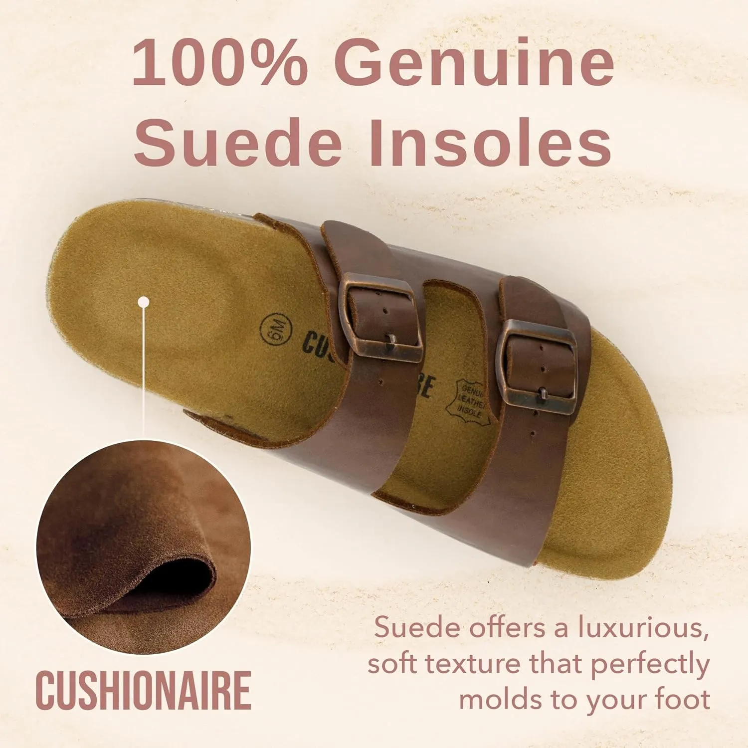 CUSHIONAIRE Lane Cork Footbed Sandals for Women – Comfortable Double Buckle Slip-On with Genuine Suede Footbed & Arch Support Slides for Women Footwear