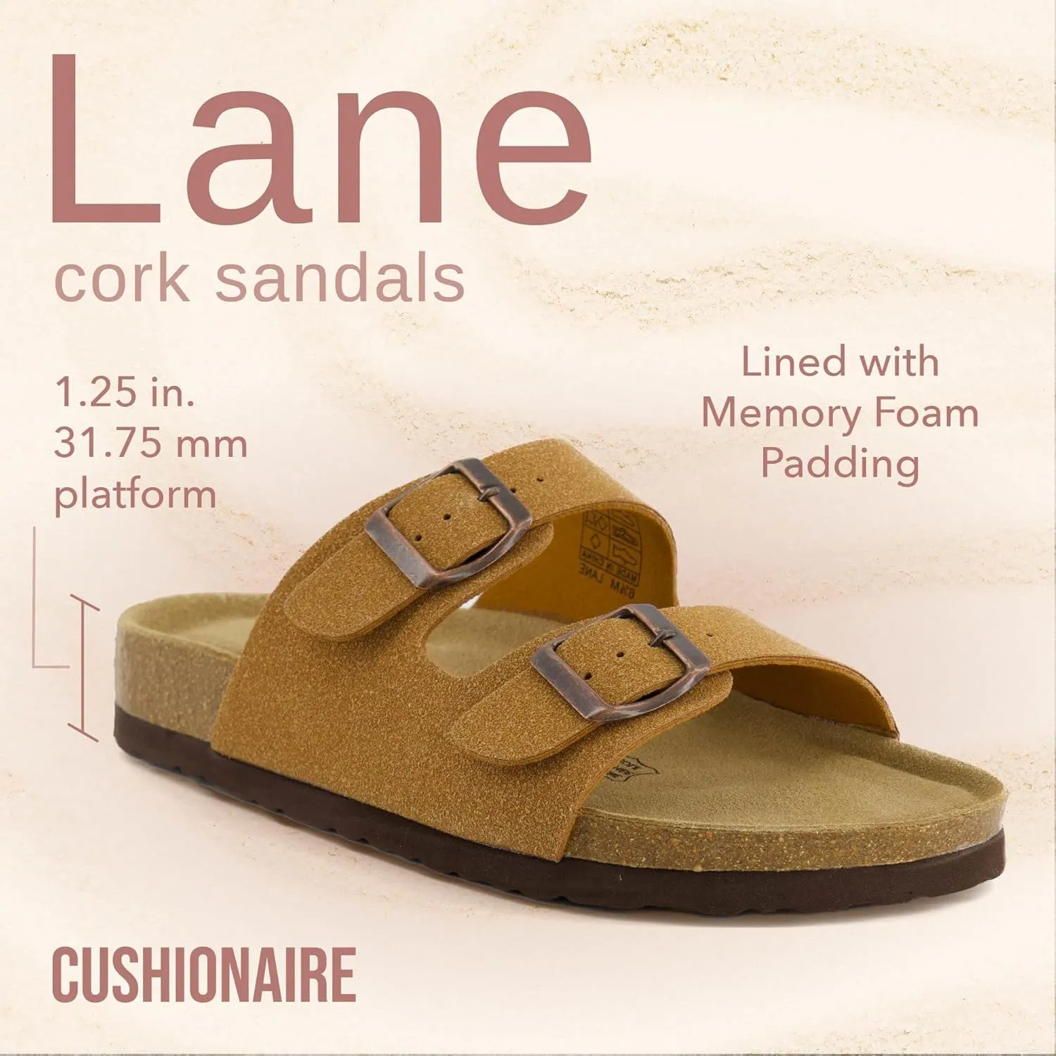 CUSHIONAIRE Lane Cork Footbed Sandals for Women – Comfortable Double Buckle Slip-On with Genuine Suede Footbed & Arch Support Slides for Women Footwear