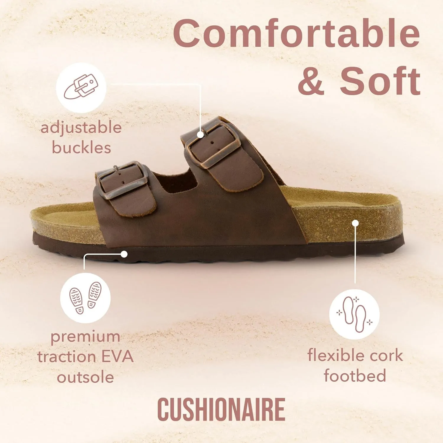 CUSHIONAIRE Lane Cork Footbed Sandals for Women – Comfortable Double Buckle Slip-On with Genuine Suede Footbed & Arch Support Slides for Women Footwear