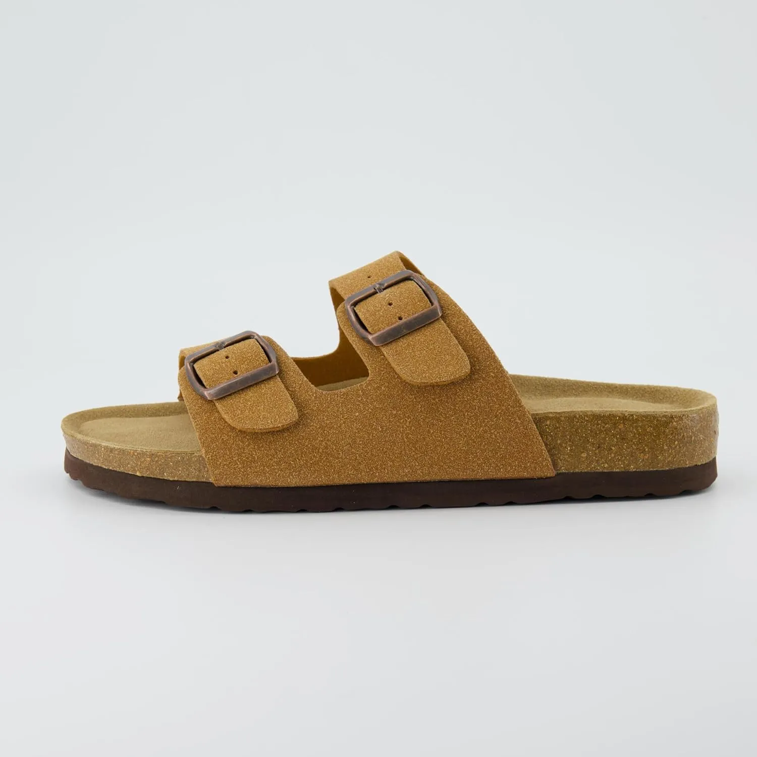 CUSHIONAIRE Lane Cork Footbed Sandals for Women – Comfortable Double Buckle Slip-On with Genuine Suede Footbed & Arch Support Slides for Women Footwear