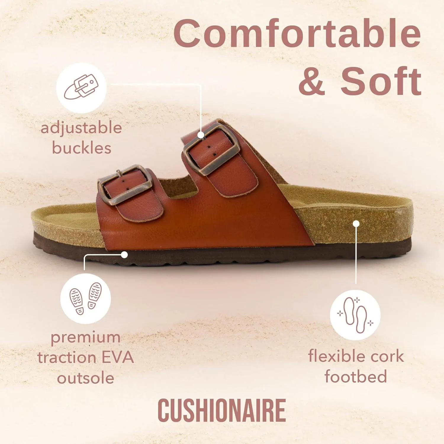 CUSHIONAIRE Lane Cork Footbed Sandals for Women – Comfortable Double Buckle Slip-On with Genuine Suede Footbed & Arch Support Slides for Women Footwear