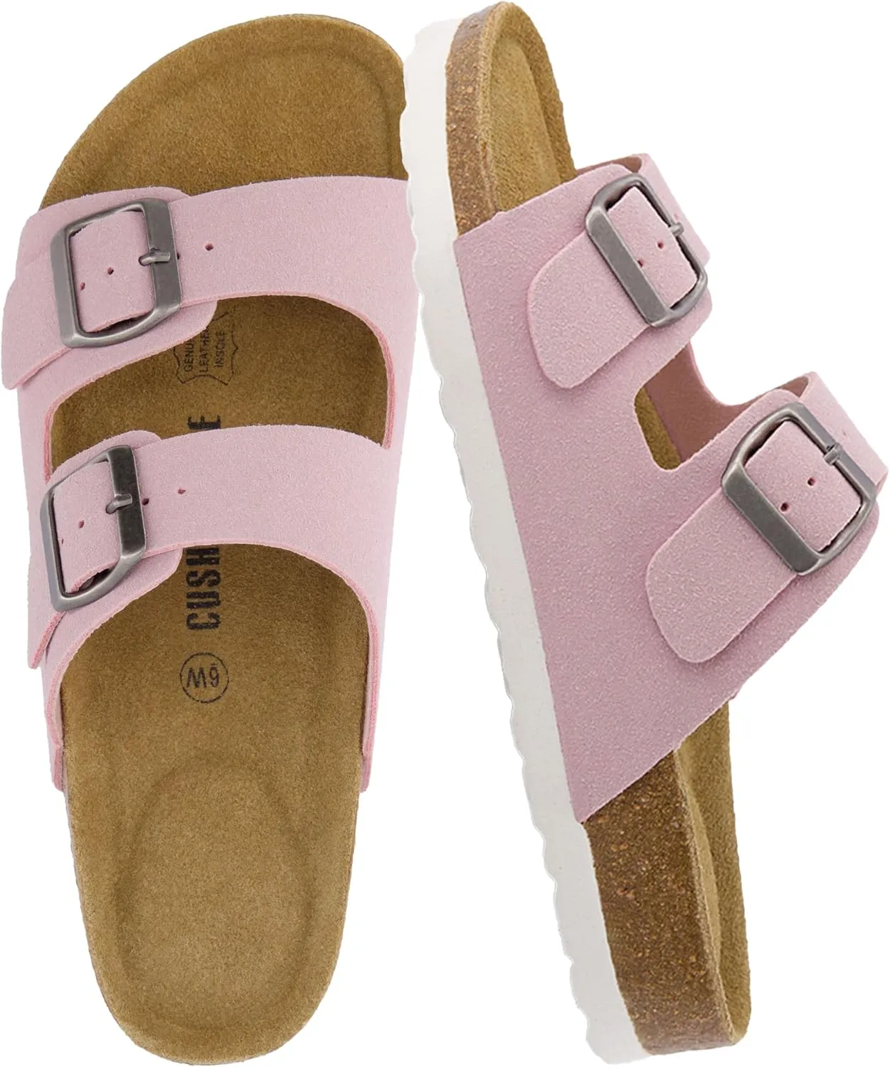 CUSHIONAIRE Lane Cork Footbed Sandals for Women – Comfortable Double Buckle Slip-On with Genuine Suede Footbed & Arch Support Slides for Women Footwear