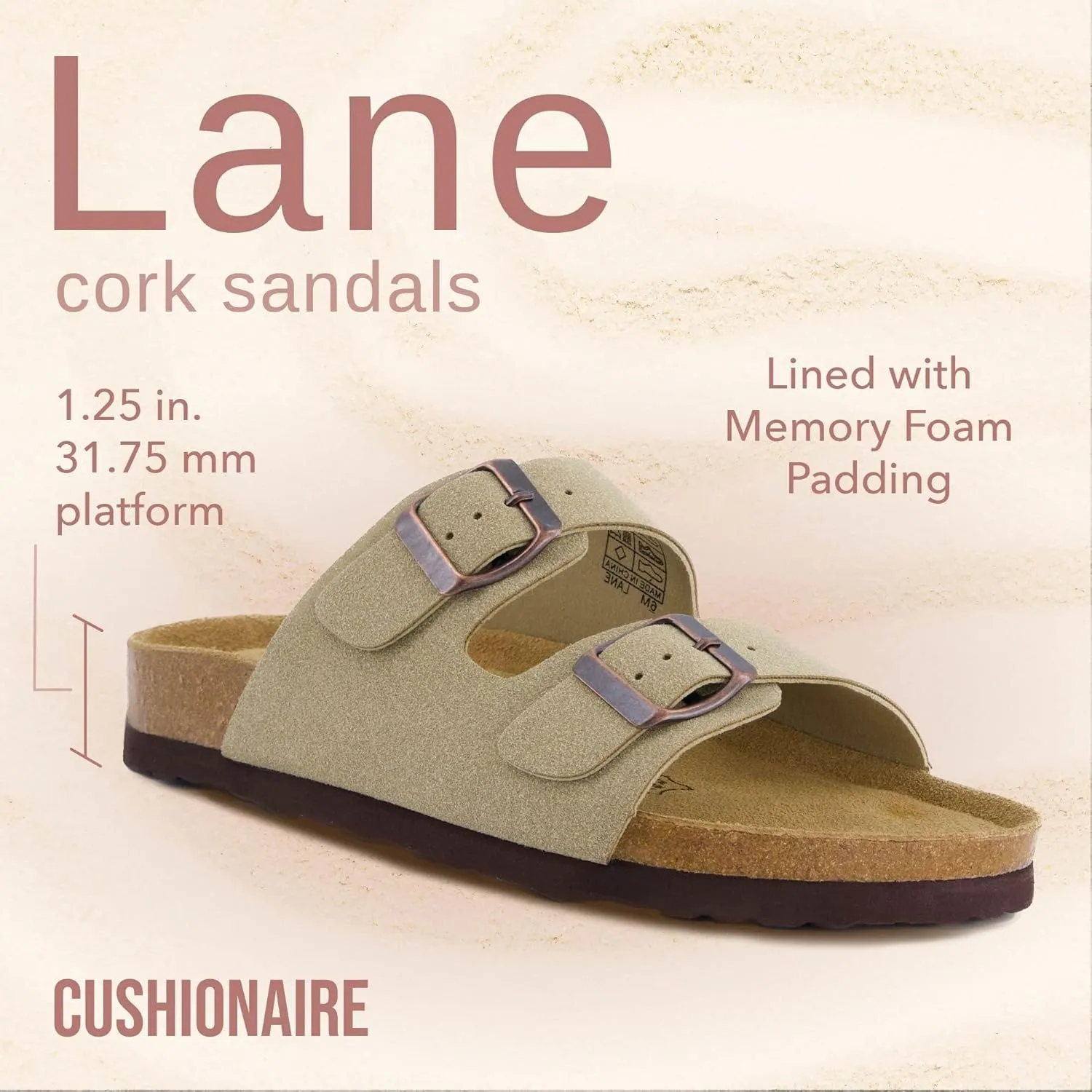 CUSHIONAIRE Lane Cork Footbed Sandals for Women – Comfortable Double Buckle Slip-On with Genuine Suede Footbed & Arch Support Slides for Women Footwear