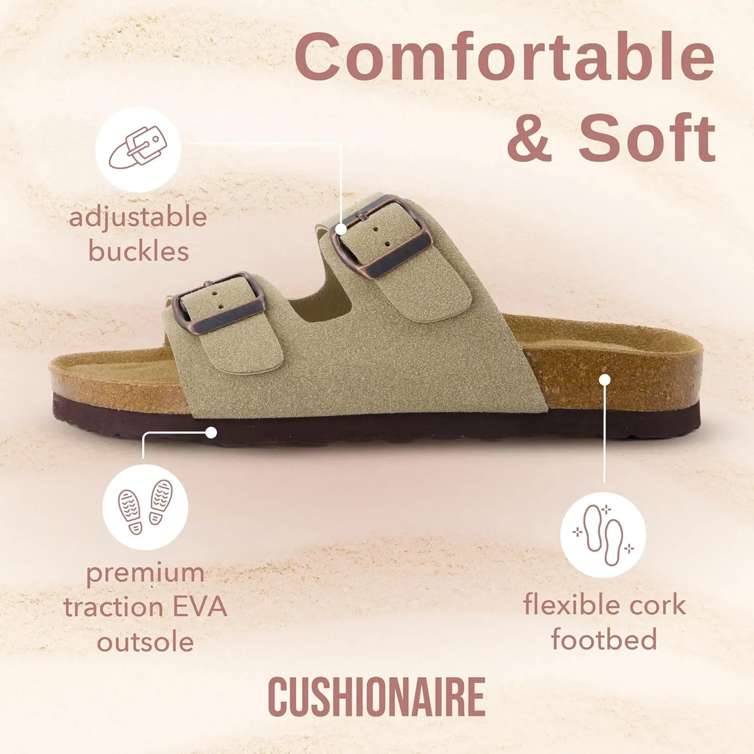 CUSHIONAIRE Lane Cork Footbed Sandals for Women – Comfortable Double Buckle Slip-On with Genuine Suede Footbed & Arch Support Slides for Women Footwear