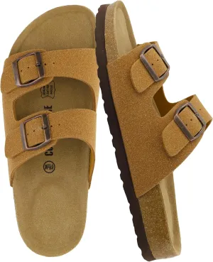 CUSHIONAIRE Lane Cork Footbed Sandals for Women – Comfortable Double Buckle Slip-On with Genuine Suede Footbed & Arch Support Slides for Women Footwear