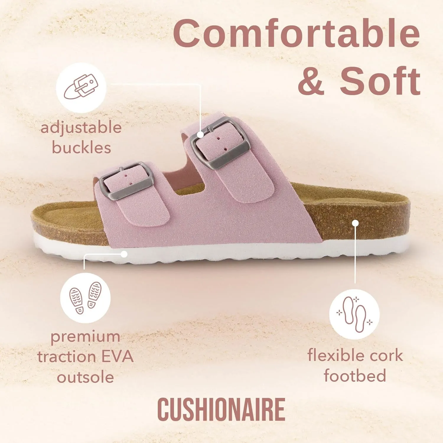 CUSHIONAIRE Lane Cork Footbed Sandals for Women – Comfortable Double Buckle Slip-On with Genuine Suede Footbed & Arch Support Slides for Women Footwear