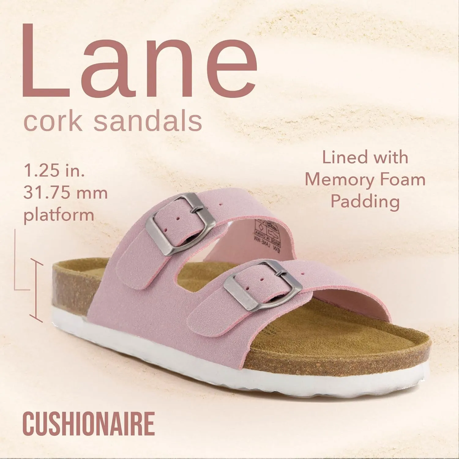 CUSHIONAIRE Lane Cork Footbed Sandals for Women – Comfortable Double Buckle Slip-On with Genuine Suede Footbed & Arch Support Slides for Women Footwear