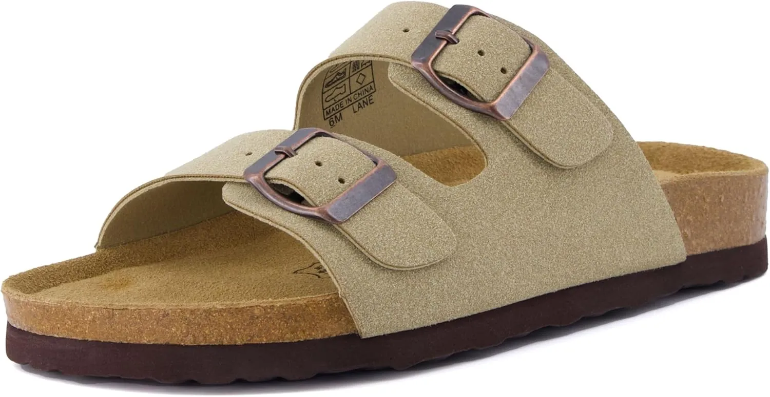 CUSHIONAIRE Lane Cork Footbed Sandals for Women – Comfortable Double Buckle Slip-On with Genuine Suede Footbed & Arch Support Slides for Women Footwear