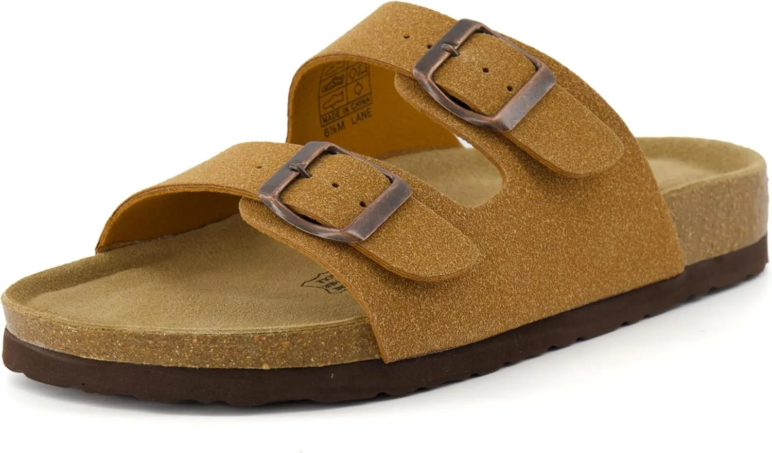 CUSHIONAIRE Lane Cork Footbed Sandals for Women – Comfortable Double Buckle Slip-On with Genuine Suede Footbed & Arch Support Slides for Women Footwear