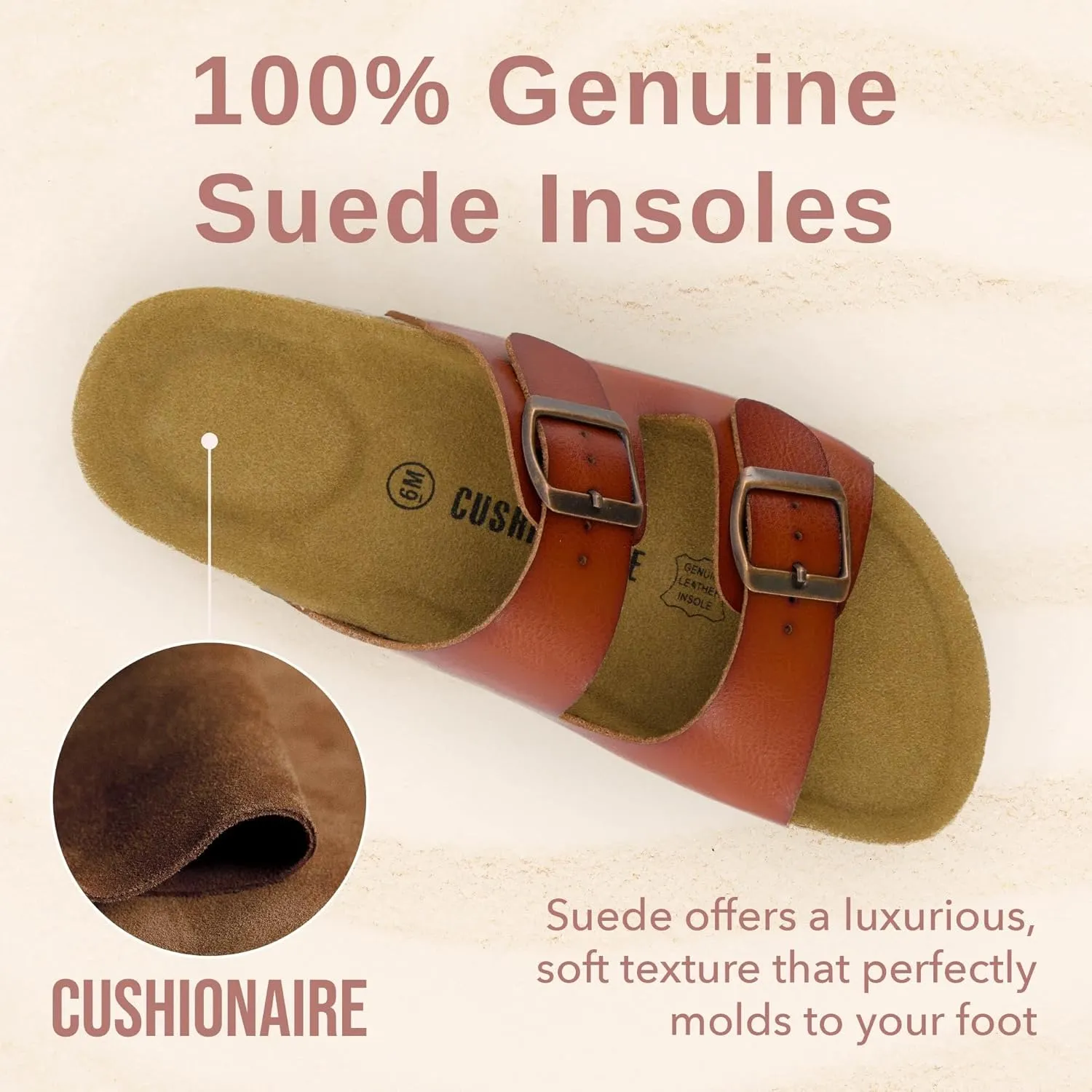 CUSHIONAIRE Lane Cork Footbed Sandals for Women – Comfortable Double Buckle Slip-On with Genuine Suede Footbed & Arch Support Slides for Women Footwear