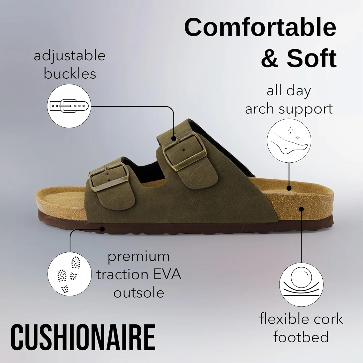 CUSHIONAIRE Men's Lane Cork Footbed Sandal with  Comfort, Arch Support, Adjustable Straps - Comfortable Slide Sandals for Walking, Casual Summer Footwear