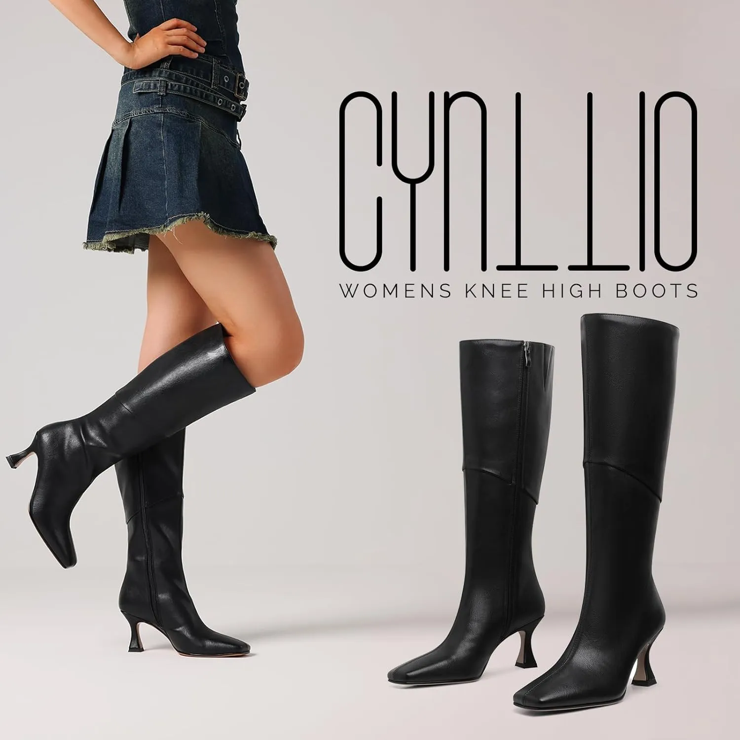 CYNLLIO Knee High Boots Women Square Toe Kitten High Heel Tall Boots Fashion Side Zipper Stiletto Heel Long Boots