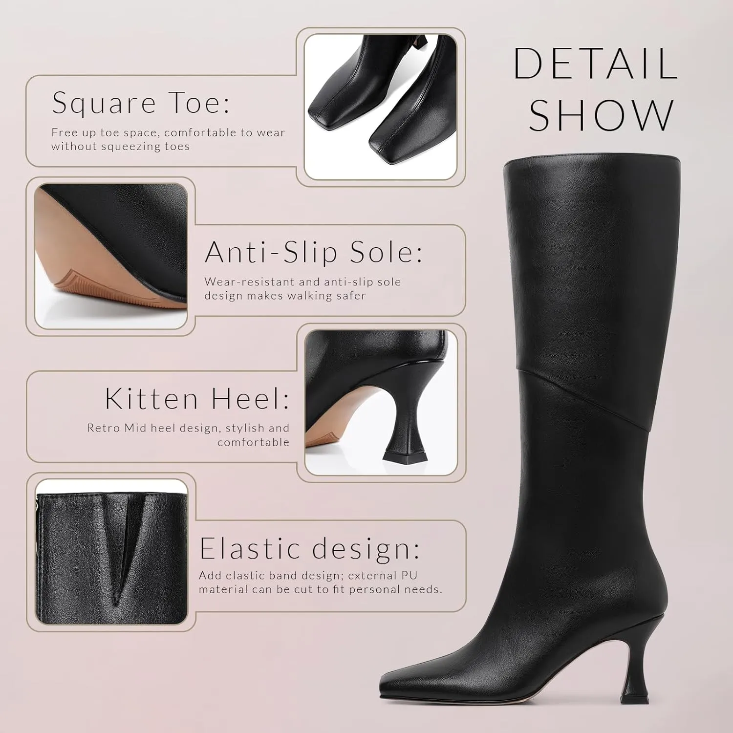 CYNLLIO Knee High Boots Women Square Toe Kitten High Heel Tall Boots Fashion Side Zipper Stiletto Heel Long Boots