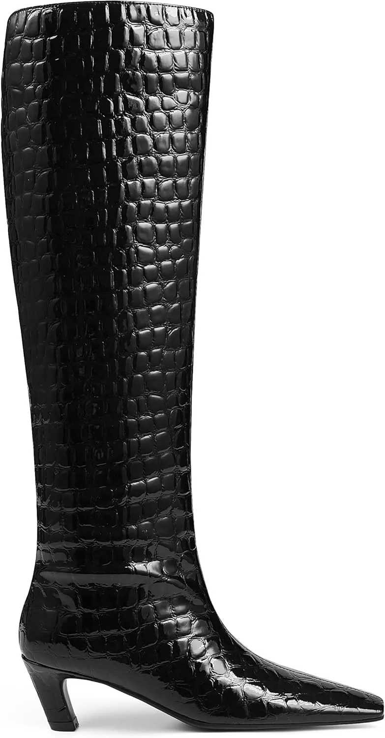 CYNLLIO Womens Knee High Boots Square Toe Kitten Heel Tall Boots Pull on Wide Calf Black Boots Low Heel Comfy Long Boots