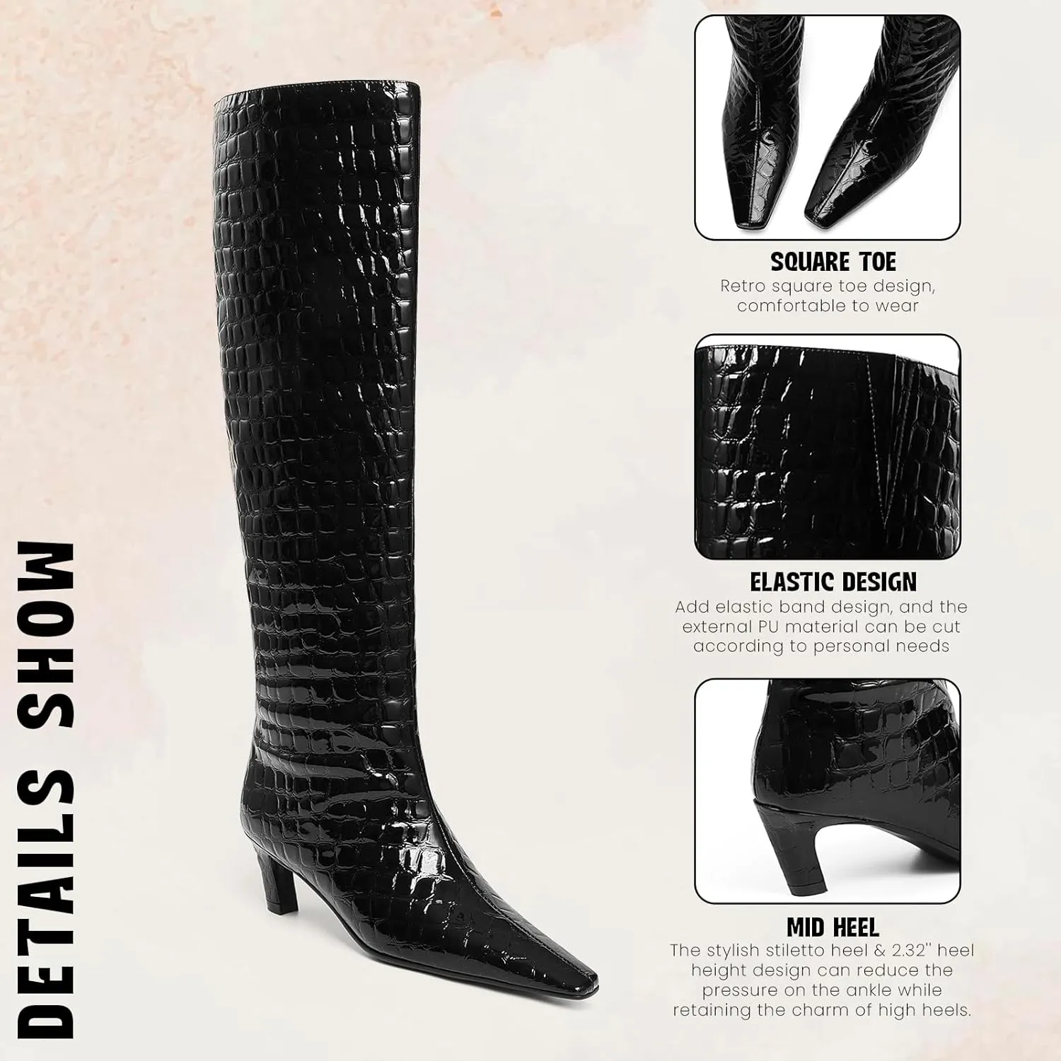 CYNLLIO Womens Knee High Boots Square Toe Kitten Heel Tall Boots Pull on Wide Calf Black Boots Low Heel Comfy Long Boots