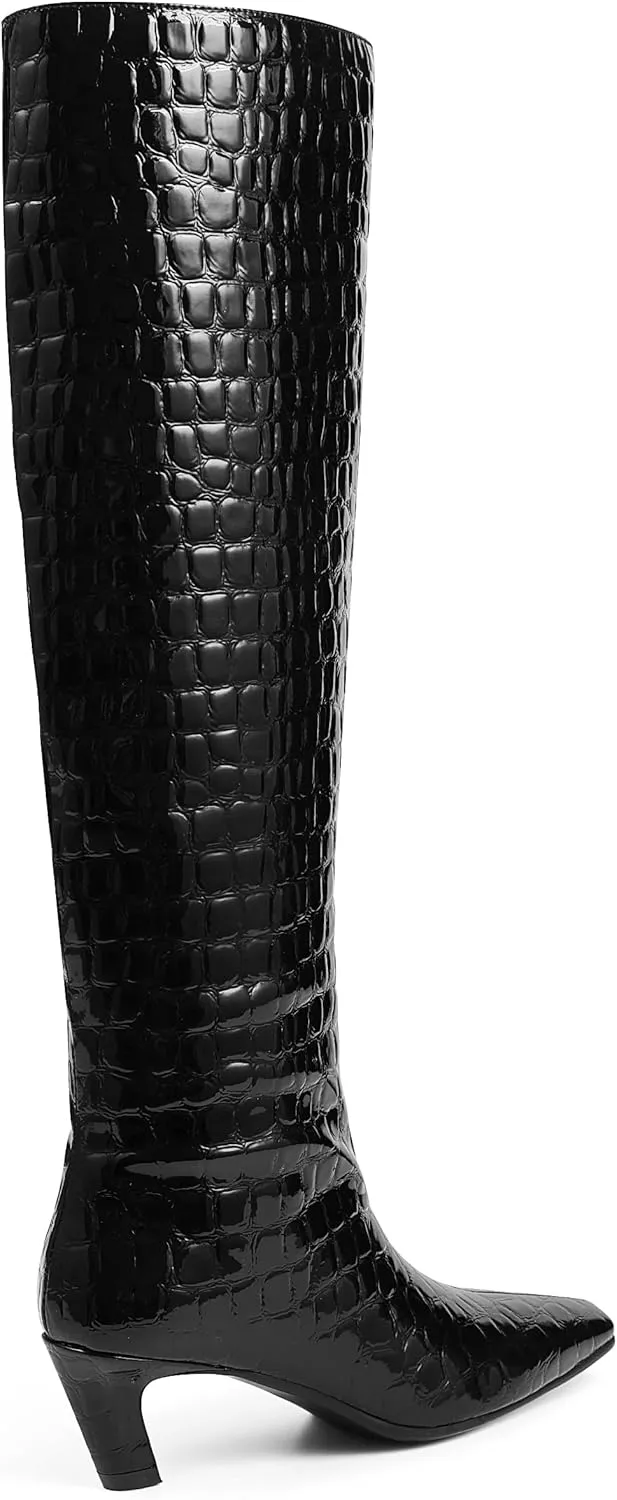 CYNLLIO Womens Knee High Boots Square Toe Kitten Heel Tall Boots Pull on Wide Calf Black Boots Low Heel Comfy Long Boots